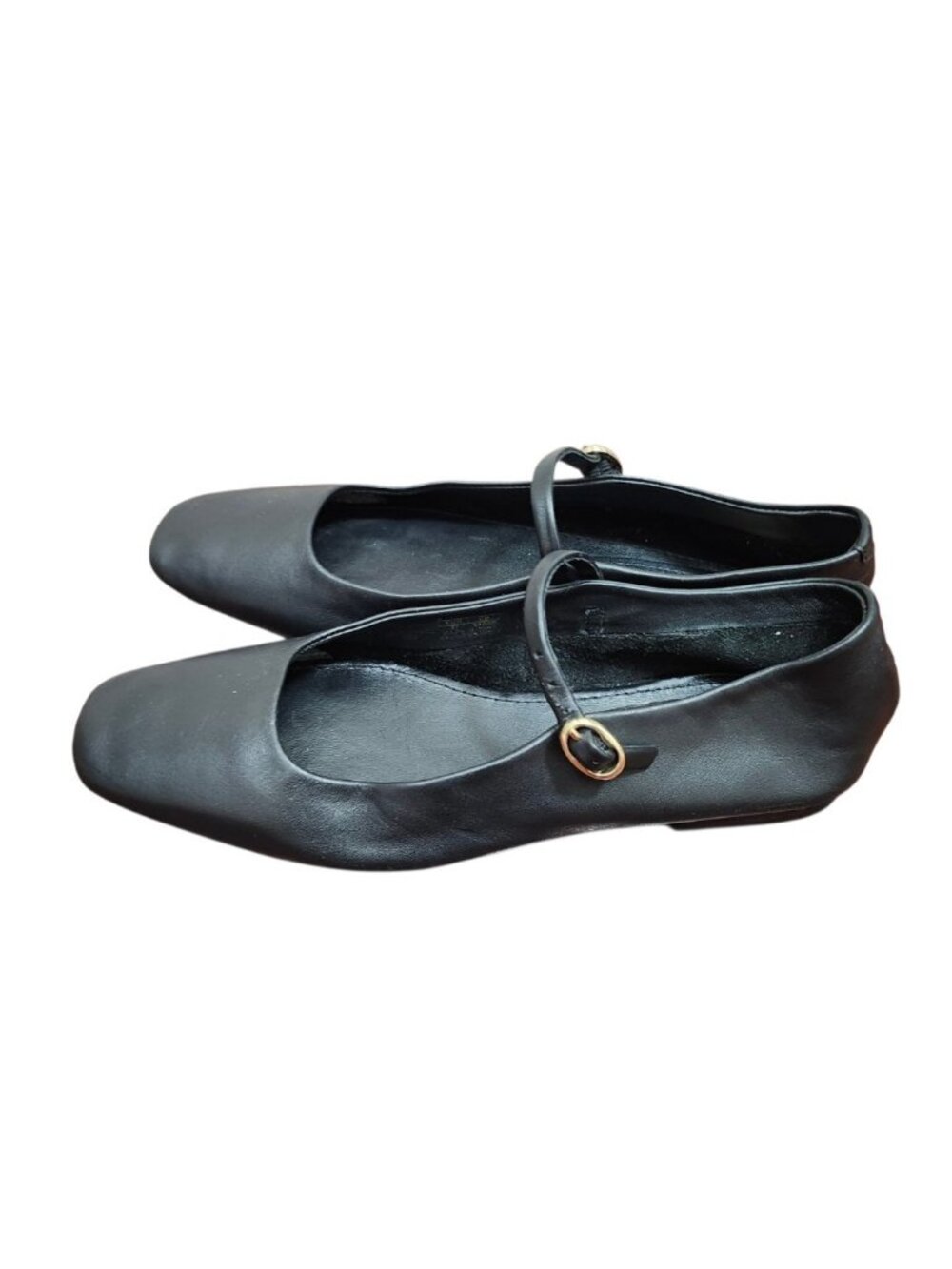 ZARA Black Leather Mary Jane Ballet Flats Women's EU 37 US 6.5 Buckle Square Toe - Picture 5 of 11